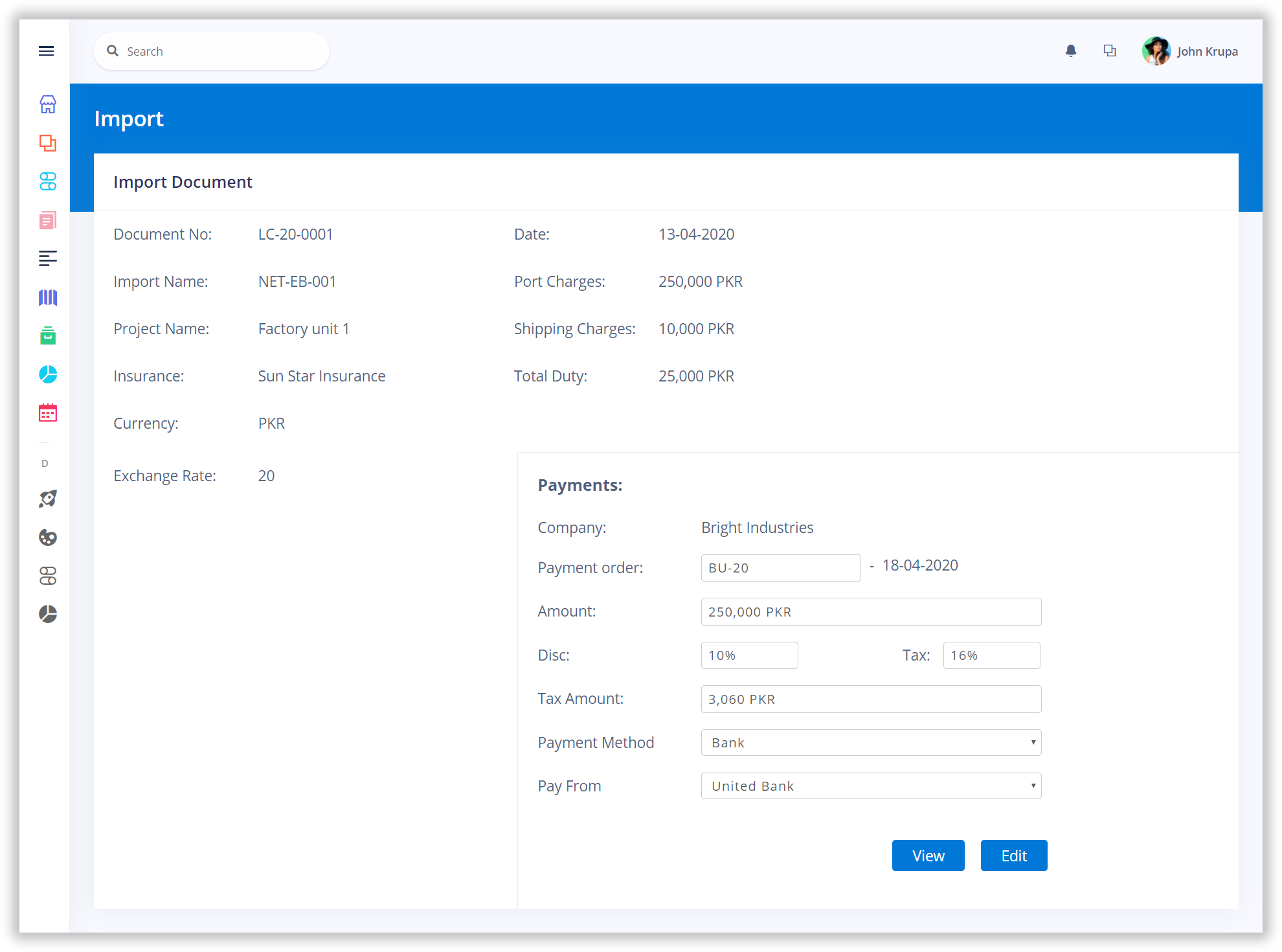 Import payments Application of Gluon ERP software. Gluon ERP is the best ERP System in Pakistan, UAE, Saudi Arabia, Africa, Europe, USA